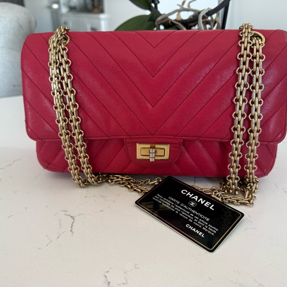 Chanel Chevron Lambskin Double Flap Double Chain Bag 2.55 Red Gold Metal Fitting